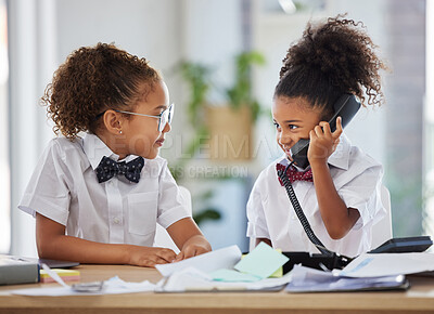 Buy stock photo Talking, telephone and kid boss in the office while working on a project together with teamwork. Collaboration, landline and girl children ceo in business people cosplay or costume in a workplace.