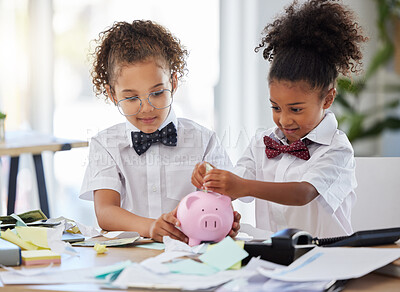 Buy stock photo Saving, investment and girls pretending to be business people and learning about finance with a piggybank. Happy, banking and young children playing pretend as bankers with security of cash together
