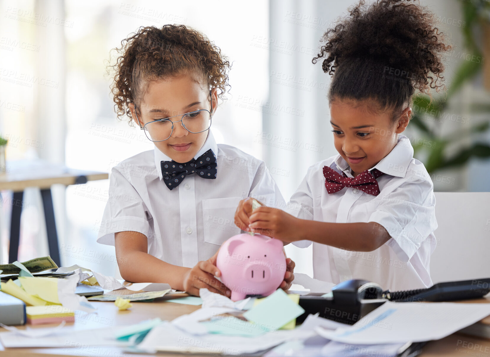 Buy stock photo Saving, investment and girls pretending to be business people and learning about finance with a piggybank. Happy, banking and young children playing pretend as bankers with security of cash together