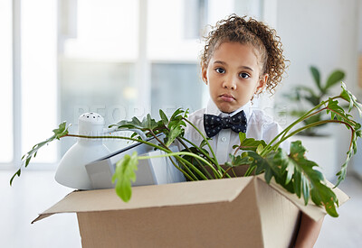 Buy stock photo Sad, portrait and a child playing as a business person with a box of belongings after fired. Unhappy, jobless and a little girl pretending to leave an office and packing after work retrenchment