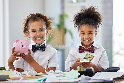 Buy stock photo Portrait of children in business with cash, piggy bank and smile, education in money management or budget planning. Portrait of girls, saving and investing in future finance with happy corporate kids