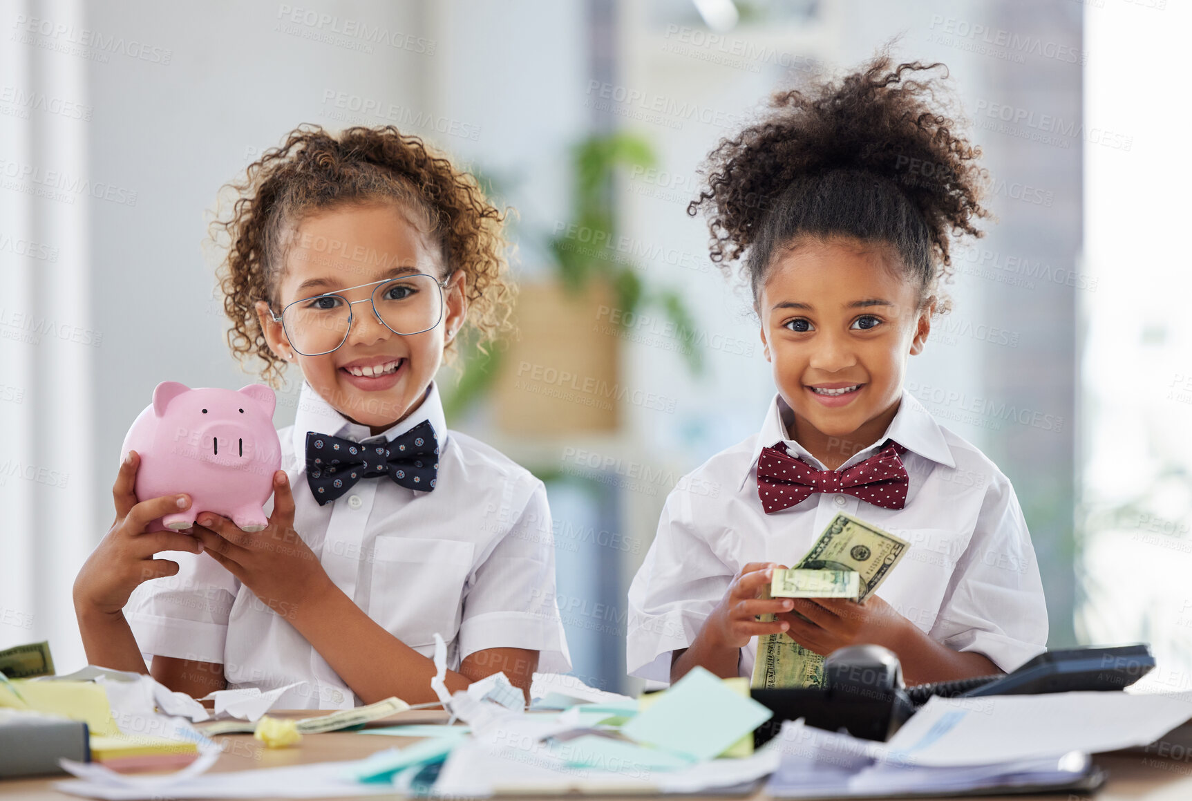 Buy stock photo Portrait of children in business with cash, piggy bank and smile, education in money management or budget planning. Portrait of girls, saving and investing in future finance with happy corporate kids