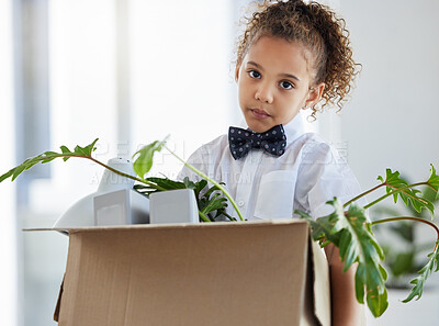 Buy stock photo Sad, portrait and a child dressed as a business person with a box of belongings after fired. Unhappy, depressed and a little girl pretending and playing leaving office and packing after retrenchment