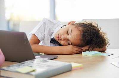 Buy stock photo Little girl, sleeping and desk in office with burnout from game, playing and learning in startup. Kid, boss and games in workplace with sleep, fatigue and overworked at table for rest, quiet or peace