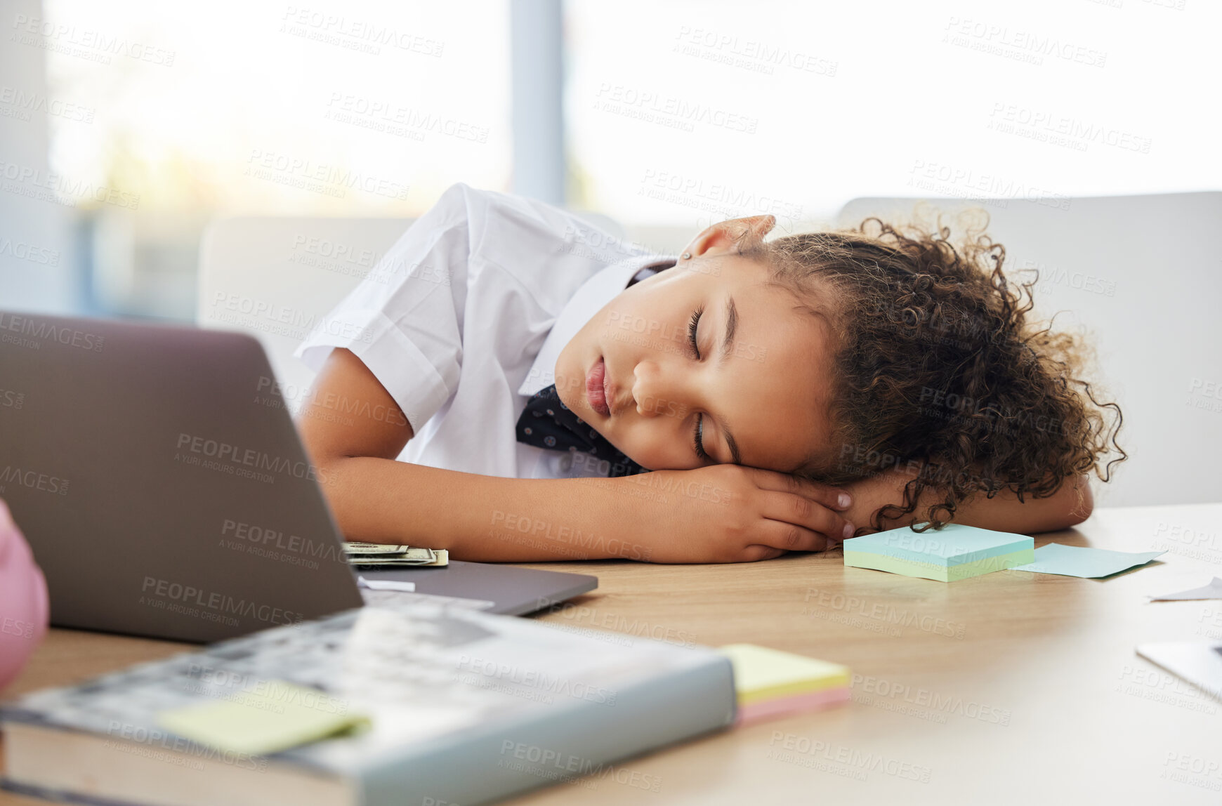 Buy stock photo Little girl, sleeping and desk in office with burnout from game, playing and learning in startup. Kid, boss and games in workplace with sleep, fatigue and overworked at table for rest, quiet or peace