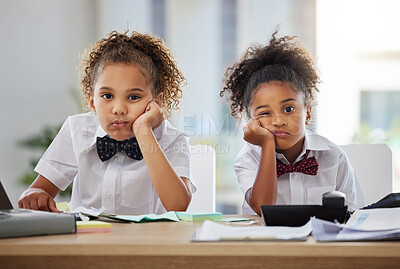 Buy stock photo Bored, children and portrait with pretend office work thinking together feeling tired. Job, kids and girl friends playing dress up as working executive team at desk with paperwork and burnout