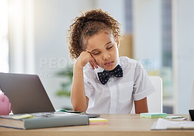 Buy stock photo Playing, working and little girl pretending to sleep while acting and tired from work. Bored, fatigue and a child sleeping while sitting for a business game, childhood recreation and hobby at home