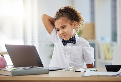 Buy stock photo Business, stress and child on laptop in office with 404 glitch, problem and network error at desk. Technology, corporate career and young girl on computer with worry, confused and anxiety for mistake