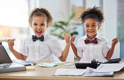 Buy stock photo Business, portrait and celebration with children friends playing fantasy together in an office. Kids, wow and make believe with girl sisters having fun using their imagination for pretend work