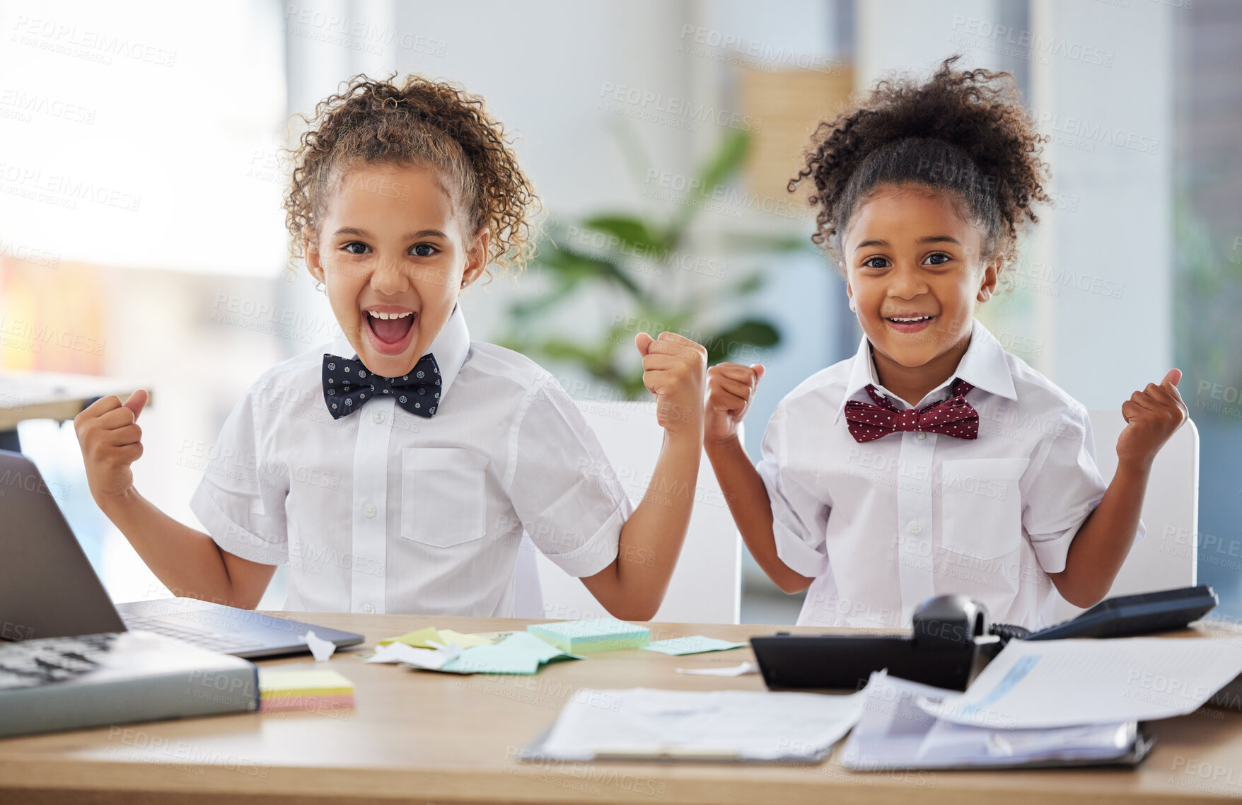 Buy stock photo Business, portrait and celebration with children friends playing fantasy together in an office. Kids, wow and make believe with girl sisters having fun using their imagination for pretend work