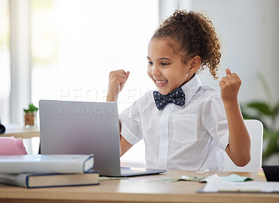Buy stock photo Laptop, winning and business child in office with achievement, victory and online bonus at home. Success, education and young girl on computer celebrate, happy and excited for homeschool results