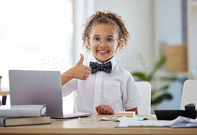 Buy stock photo Success, winner and child with thumbs up on laptop for achievement, victory and online results. Business, workspace and young girl on computer with hand gesture smile, happy and excited for goals
