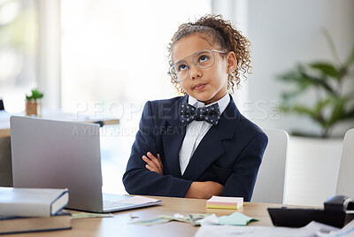 Buy stock photo Bored, kid and thinking with pretend office work and laptop with ideas. Job, child and little girl playing dress up as working executive at desk with paperwork and eyes rolling feeling annoyed