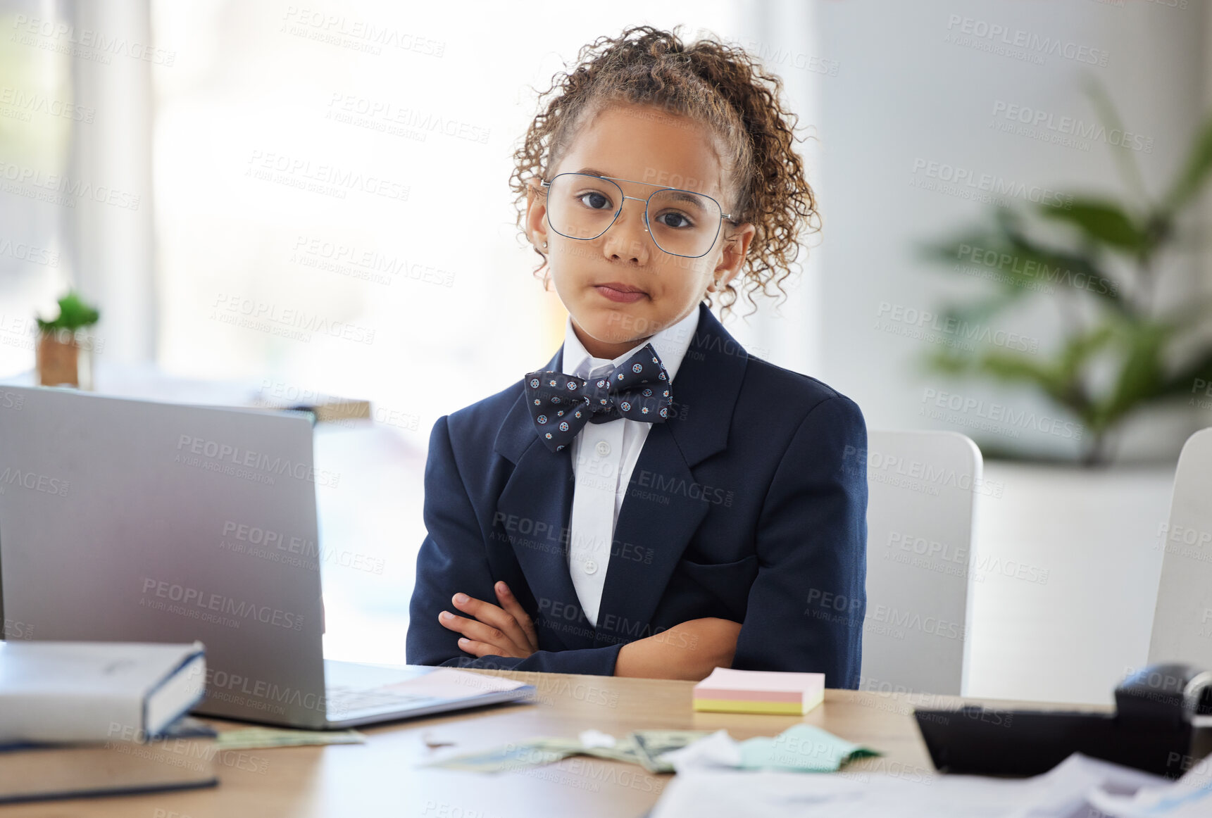 Buy stock photo Girl child, arms crossed and portrait in office with annoyed face for game, playing and learning. Kid, boss and games in workplace with serious expression, glasses and focus for goals at business