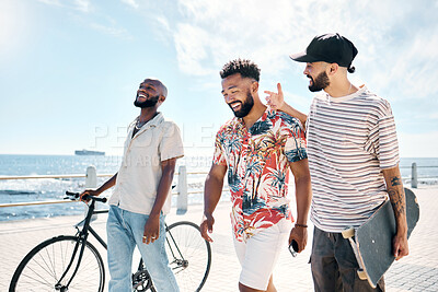 Buy stock photo Shot of a diverse group of men bonding during a day outdoors