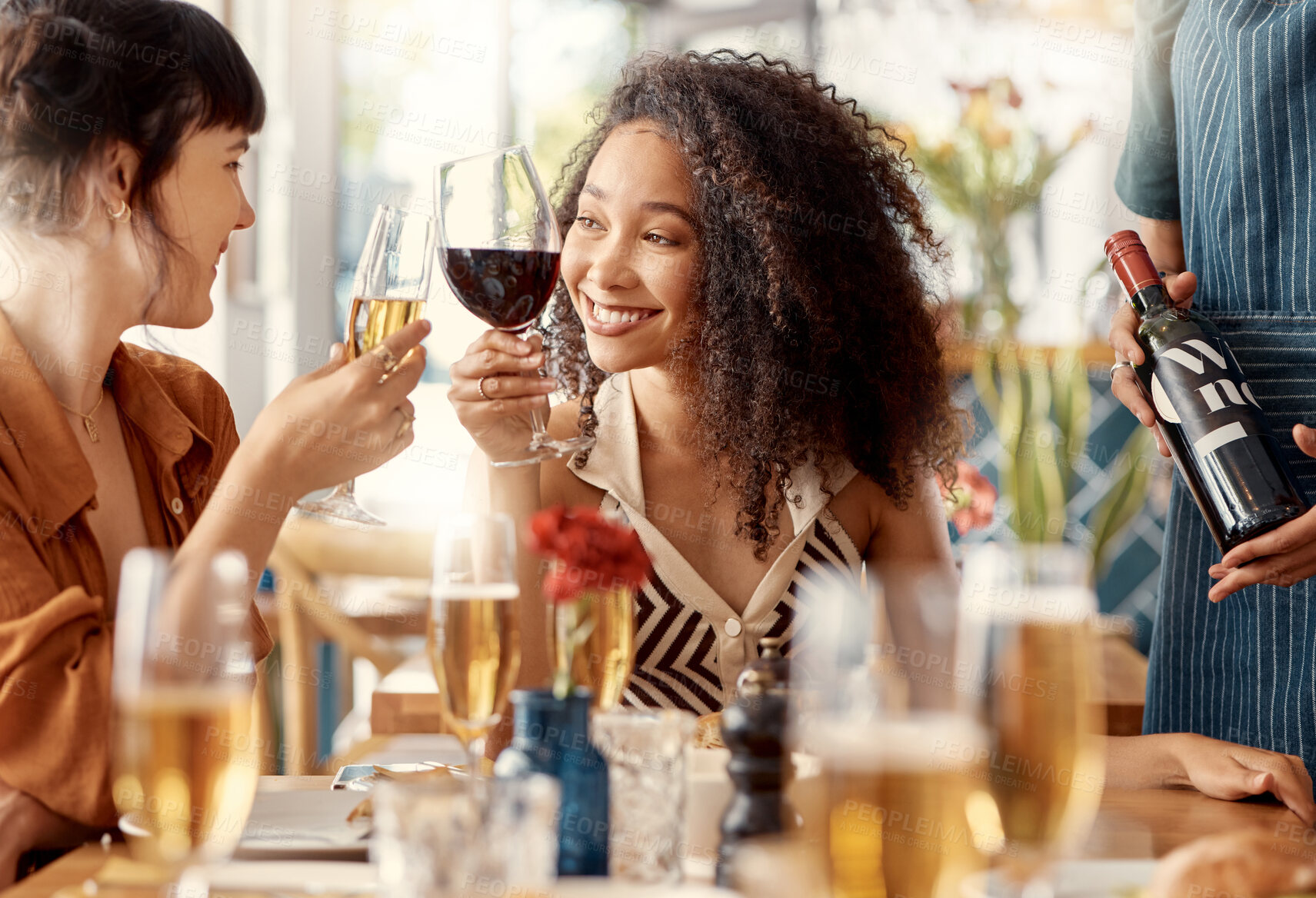 Buy stock photo Shot of two friends toasting with red wine in a restaurant