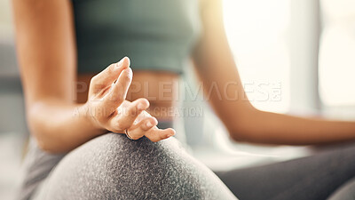 Buy stock photo Woman, hands and yoga in meditation for inner peace, zen workout or exercise on loving room floor at home. Hand of calm female person or yogi meditating in relax for spiritual wellness or awareness