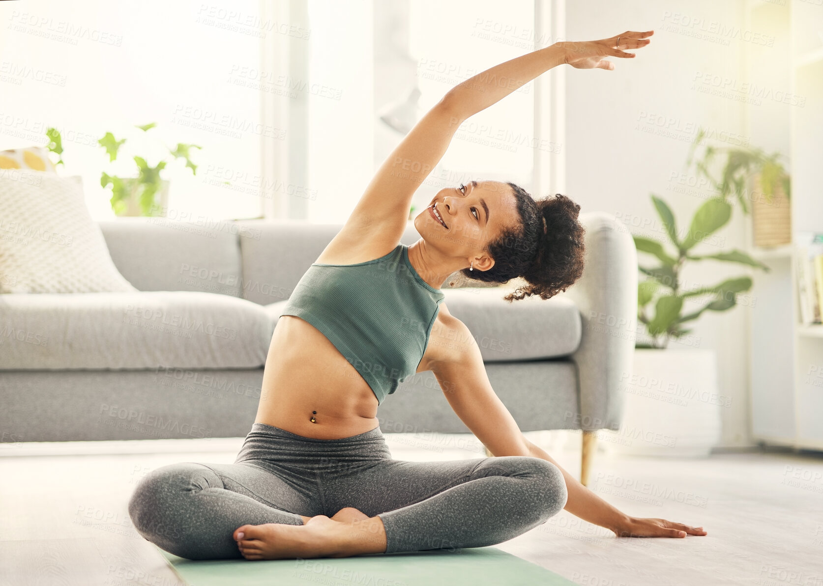 Buy stock photo Stretching, happy woman and yoga on living room floor, training or mental health exercise at home. Arm, stretch and lady with flexible fitness or pilates, workout or balance, meditation or wellness