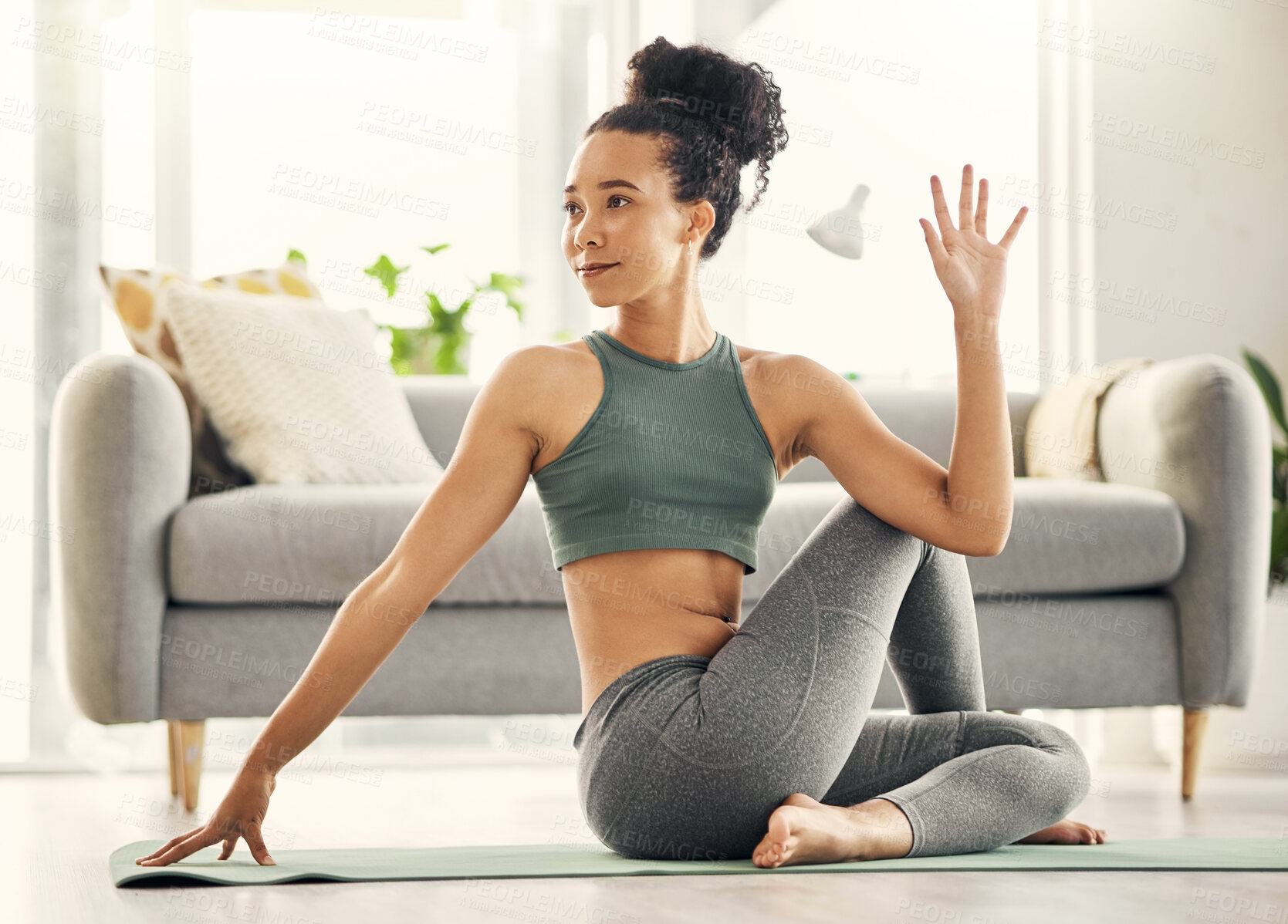 Buy stock photo Stretching, body and yoga by woman on living room floor, training or mental health exercise at home. Arm, stretch and lady with flexible fitness or pilates, workout or balance, meditation or wellness