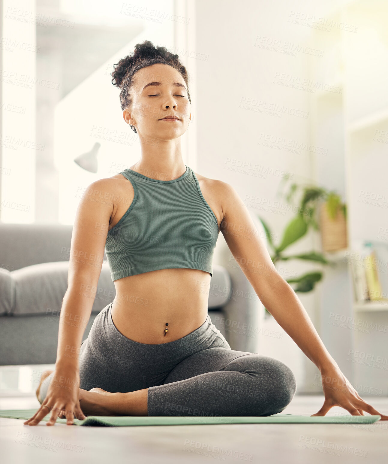 Buy stock photo Yoga, breathing and woman doing a stretching exercise for mobility, flexibility and wellness. Health, meditation and young female person doing pilates workout in living room of her home or apartment.