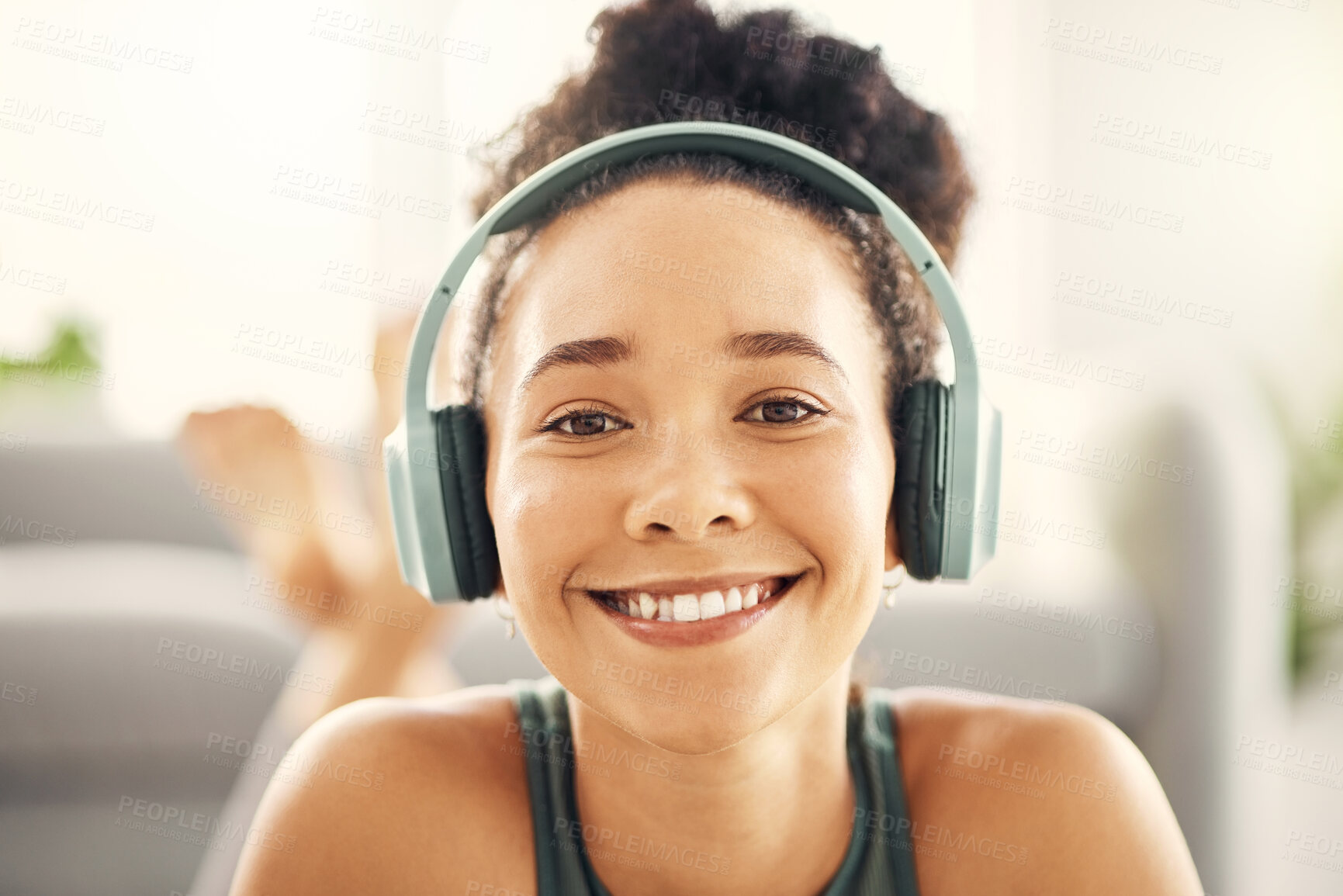 Buy stock photo Happy woman, face and headphones listening to music on floor in yoga for relaxation in living room at home. Portrait smile of female person or yogi with headset for audio streaming, sound or songs