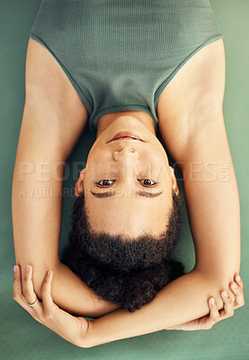 Buy stock photo Happy woman, yoga and lying on mat for exercise, stretching body or workout above at home. Top view portrait of female person, face or yogi in warm up or pose for spiritual wellness or awareness