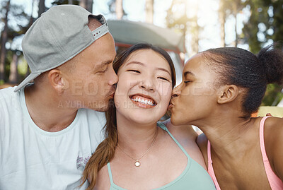 Buy stock photo Group, young friends and camping in woods with kiss, love and diversity on summer vacation in nature. Man, women and multicultural with solidarity, smile and together for adventure, holiday or forest