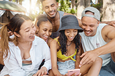 Buy stock photo Online communication, friends with smartphone and happy for video call with a lens flare. Technology or social networking, connectivity or diversity and young people together for summer holiday