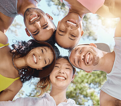 Buy stock photo Portrait, huddle and friends with a smile, woods and bonding with fresh air, wellness and happiness. Face, group circle and young people outdoor, nature and support with trust, fun and solidarity