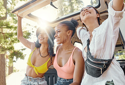 Buy stock photo Van, travel and camping with friends in nature for adventure, summer vacation and bonding. Relax, happiness and wellness with group of women in woods for road trip journey, social and diversity
