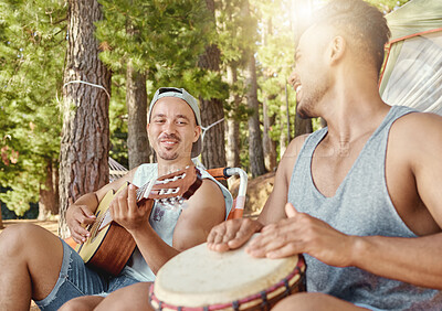 Buy stock photo Musician, friends and camping with guitar, drum and together for music on summer, holiday in the woods or nature. Men, happiness and people playing or sing in musical performance, song or band