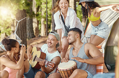 Buy stock photo Friends, music and dancing, camping in the woods with adventure and freedom, energy and people have fun outdoor. Forest, sunshine and travel, women and men with happiness and musical instrument