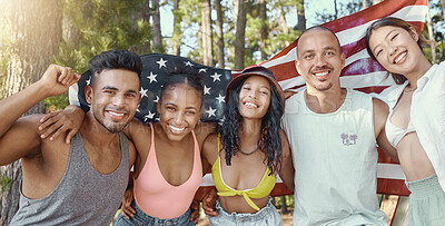 Buy stock photo American flag, portrait and friends smile outdoor for independence day celebration, freedom and liberty. USA, banner and group of people, men and women in nature, woods or forest for camping together