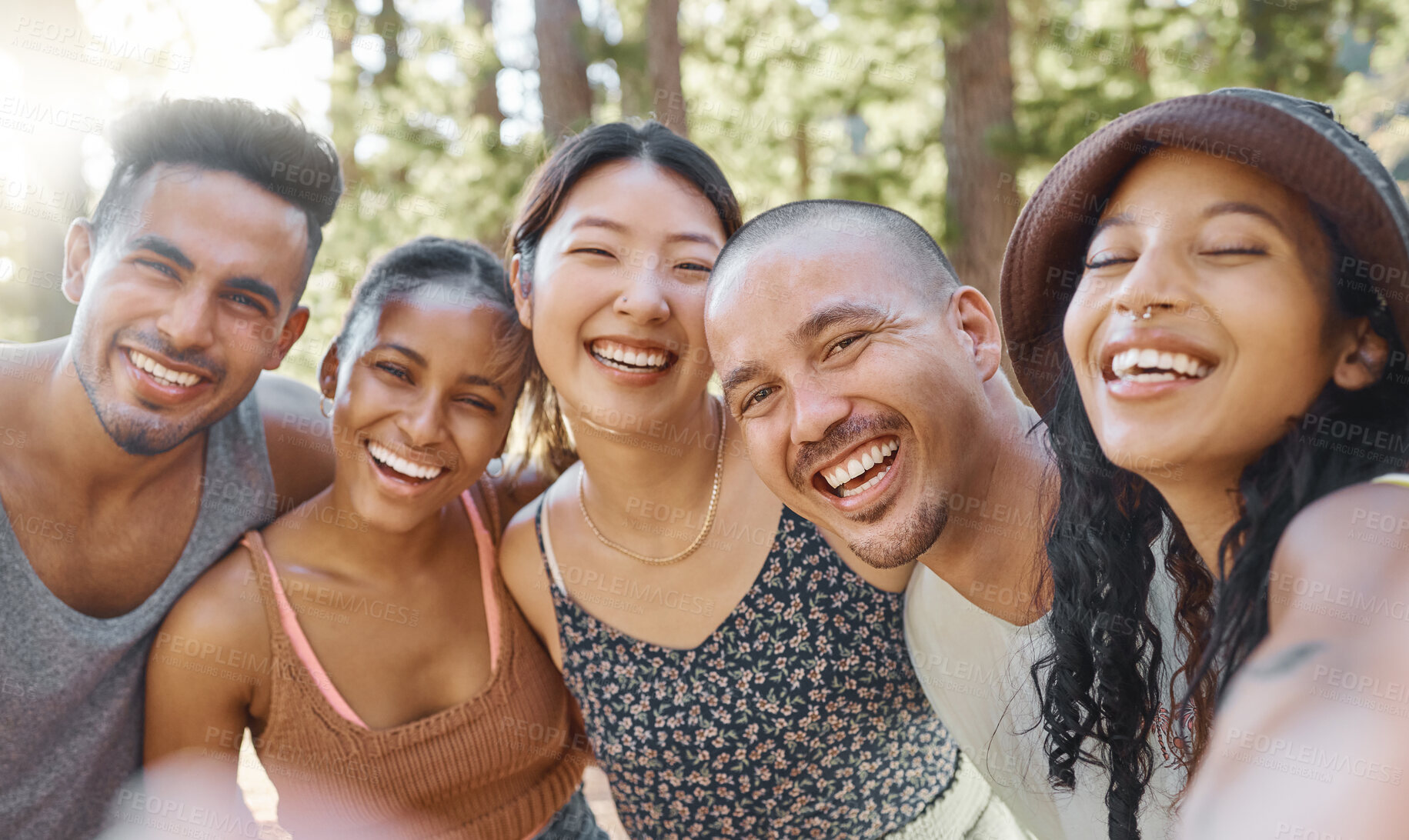 Buy stock photo Friends, camping and selfie, adventure and happy, travel with diversity and bonding, group of people in nature. Summer, fun and happiness, men and women smile in picture, memory and relax outdoor