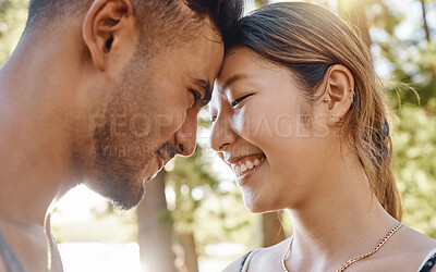 Buy stock photo Love, couple and faces together in park, woods or memory in nature of quality time, affection and happiness with partner. Man, woman and happy people smile in summer, camping holiday or vacation
