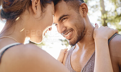 Buy stock photo Couple, love and faces together in park, woods or memory in nature of quality time, affection and happiness with partner. Man, woman and happy people smile in summer, camping holiday or vacation