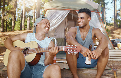 Buy stock photo Men, friends and guitar for camping in woods with smile, singing and beer for drink, relax and holiday. Young male students, musician and happy people with instrument, creativity and art in forrest