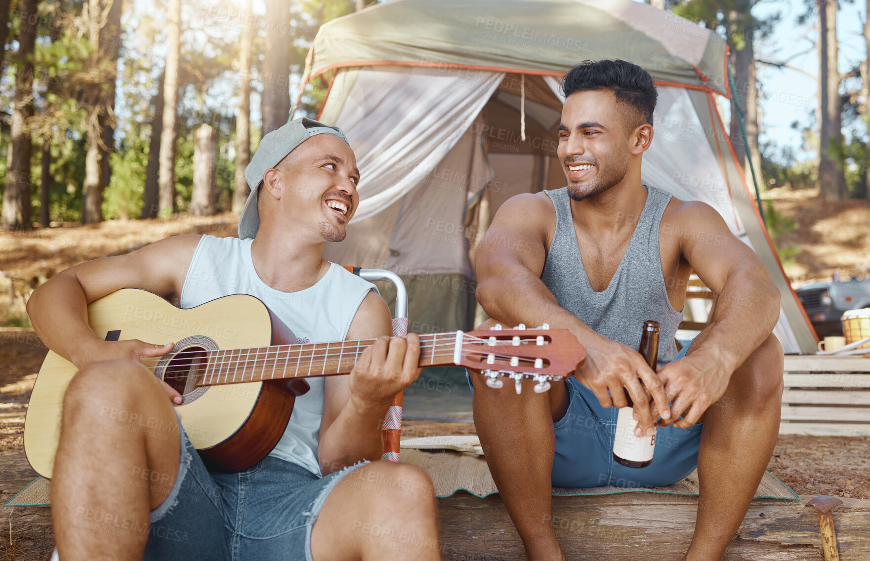 Buy stock photo Men, friends and guitar for camping in woods with smile, singing and beer for drink, relax and holiday. Young male students, musician and happy people with instrument, creativity and art in forrest