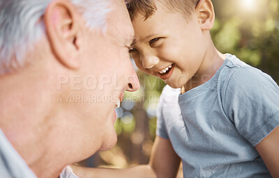 Buy stock photo Children, camp and a grandpa hiking with his grandson outdoor in nature for bonding, travel or adventure together. Kids, face or funny and a little boy laughing with his grandfather on the woods