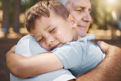 Buy stock photo Love, grandfather and hug with child in park, woods or camping trip in nature with happy family quality time. Grandpa, kid or boy embracing, hugging or show loving emotion to senior or elderly man