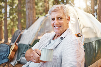 Buy stock photo Camping, morning and portrait of senior man with coffee on holiday or vacation adventure in a forest or woods. Smile, happy and elderly person or camper relax by a tent in nature enjoying retirement