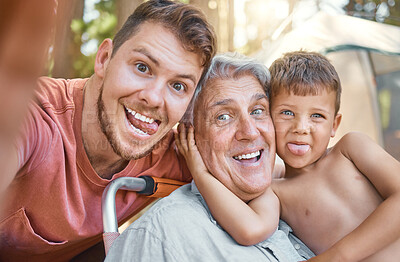 Buy stock photo Man, boy and grandfather in camping selfie, funny face and portrait in woods for hug, love and bond. Family, male child and photography for comic memory, profile profile and together for social media