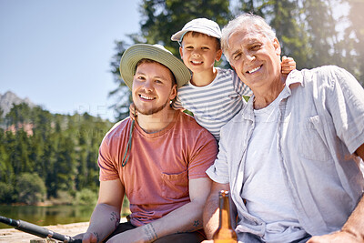 Buy stock photo Portrait, grandfather and man with son at lake with woods for happiness for vacation on weekend. Hobby, boy and grandparent with generations with rod at river with child for bonding or fun at camp.