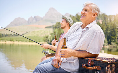 Buy stock photo Fishing, father and son with beer to relax in outdoors for holiday with forest or bonding. Parent, man and happy with rod at river for adventure with woods or alcohol with travel for weekend. 