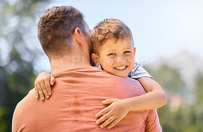 Buy stock photo Portrait, father and son hug, outdoor and smile with quality time, bonding and loving together. Face, dad and male child with happiness, kid and parent embrace, park and care with joy and support
