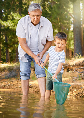 Buy stock photo Camp, grandfather teaching child with fishing net and at river with a lens flare in forest for collaboration. Happy or freedom, support or family and people learning how to fish together at a lake