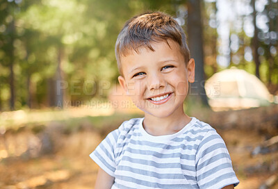 Buy stock photo Happy, camping and portrait of child in park smile for playing, adventure and freedom in nature. Childhood, happiness and face of little boy in woods or forest for hiking, traveling and trekking