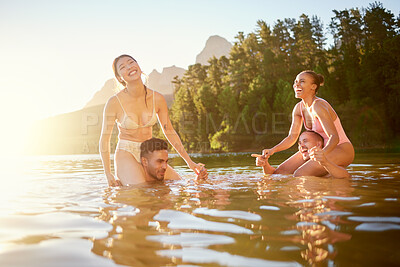 Buy stock photo Lake, happy or friends in nature swimming with freedom, men or women in summer on camping break. Smile, funny joke or excited people outdoors in river water or dam for holiday travel or vacation trip
