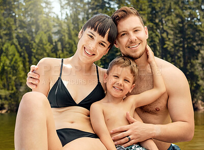 Buy stock photo Portrait, family and smile at lake with swimwear on vacation, summer holiday or travel. Face, happy and man, woman and child with swimsuit at river for fun, bonding and enjoying quality time together