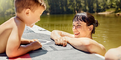 Buy stock photo Happy, mother with child and with boat in lake together with smile for bonding time. Summer vacation or holiday break, canoe or freedom and people in a river with outdoor activity for adventure